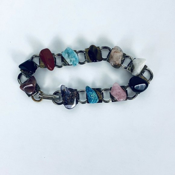 Jewelry - Gemstone Silver Tone Clasp Bracelet Turquoise Pink Black Stones 8"
